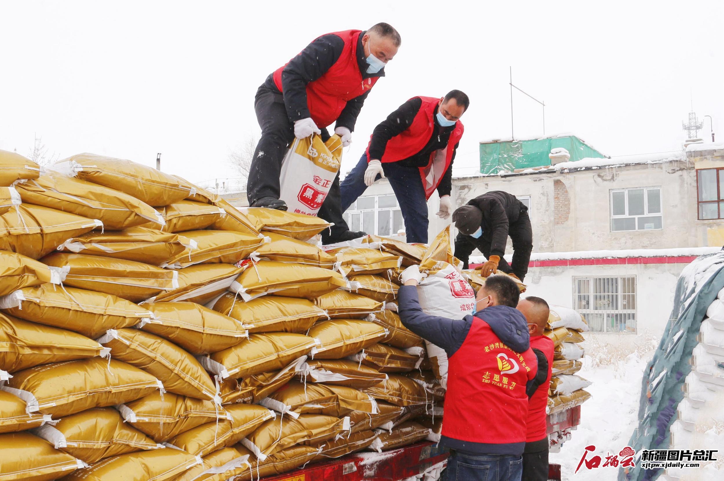 2月17日，在塔城地区沙湾市老沙湾镇，由党员干部组成的志愿服务队帮农户搬运化肥。（摄影：兰玲）
